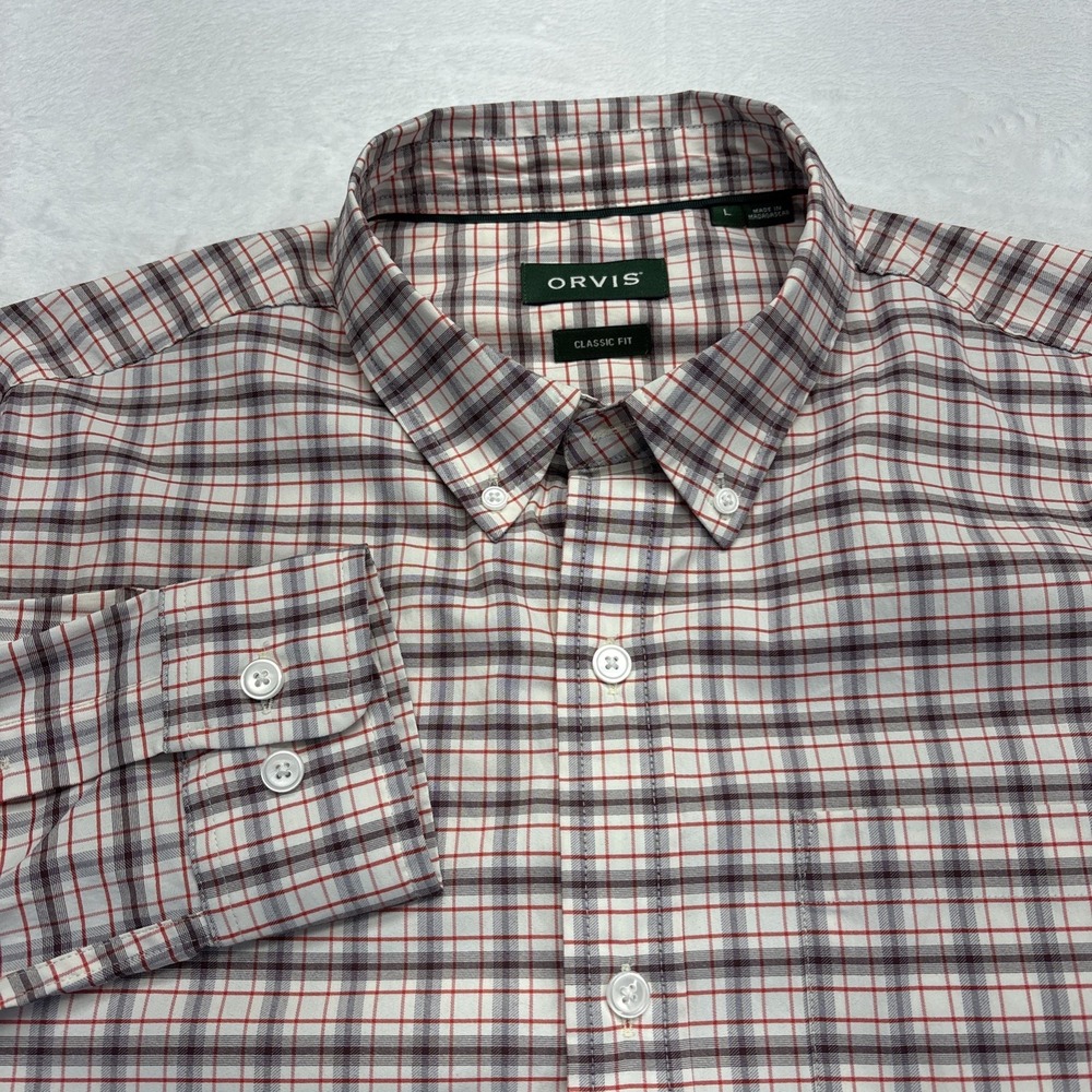 Orvis Shirt Mens L Beige Plaid Classic Fit Long Sleeve Button Down Outdoor